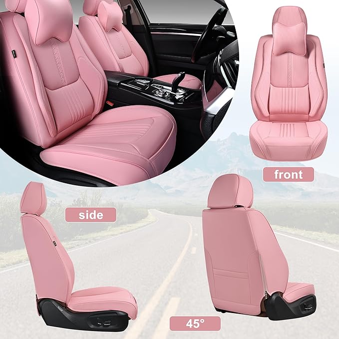 Front Seat Covers, 2 Pieces Universal Seat Covers for Cars, Waterproof Leather Auto Seat Protectors with Head Pillow, Car Seat Cushions Fit for Most Sedans SUV Pick-up Truck, Pink