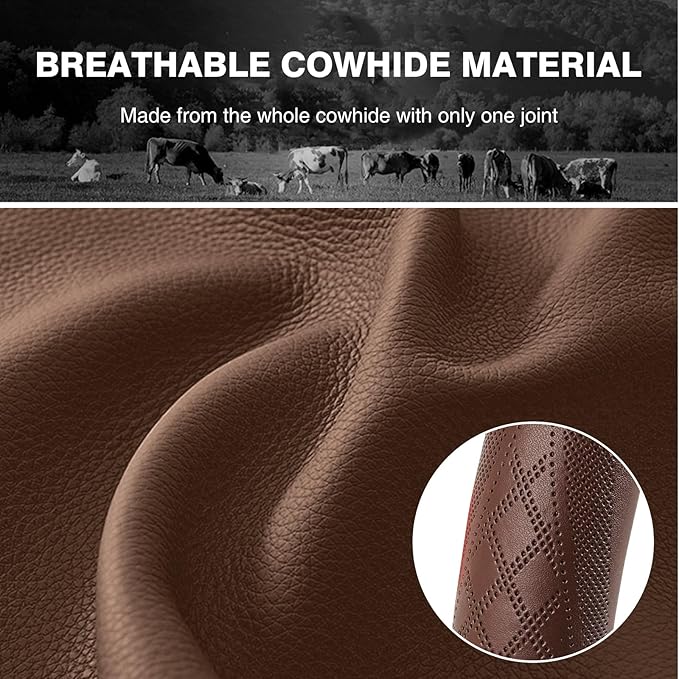 【2025 Model】 High-Grade Real Cowhide Steering Wheel Cover for Men Women，Brown Genuine Leather Steering Wheel Cover for Cars,Universal 14.5-15 inch Steering Wheels,Grid & Square Motif