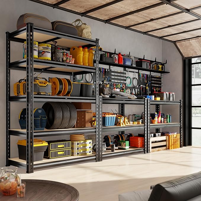 72.12" H Garage Shelving, Storage Shelves Load 2100LBS, 5-Tier Adjustable Shelving Unit with Thickened Wooden Boards for Multiple Scenarios, 72.12" H x 35.55" W x 11.85" D, Black, 4 Pack
