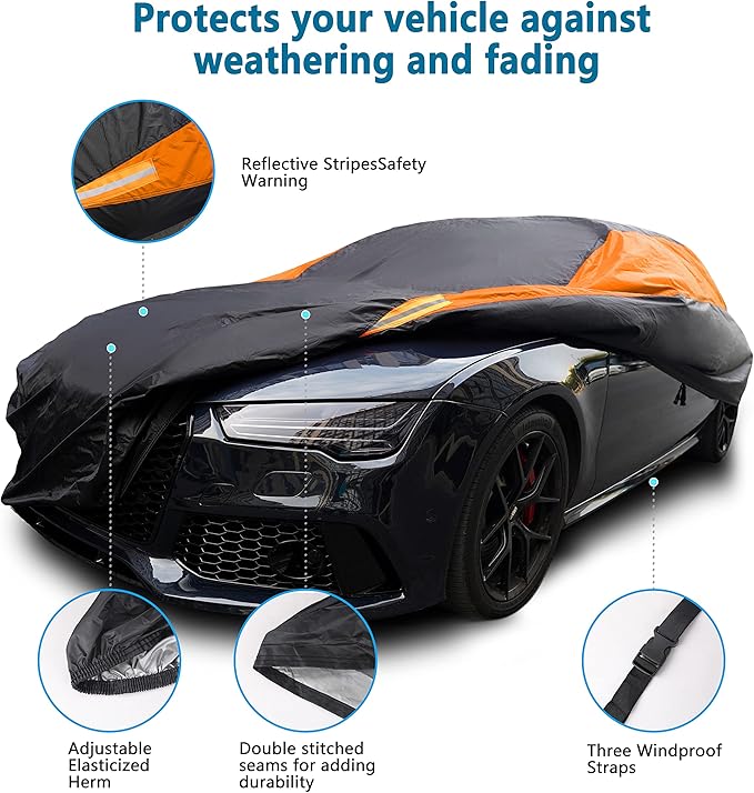 MORNYRAY Waterproof Car Cover All Weather Snowproof UV Protection Windproof Outdoor Full car Cover, Universal Fit for Sedan (Orange, A3-Fit Sedan Length(178-185 inch)