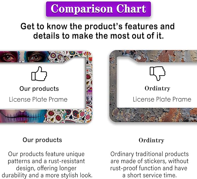 License Plate Frames for Women Multicolor Plate Cover for Men Sugar Skull Universal Aluminum Car Accessory 2 Pack with Screw Covers Set
