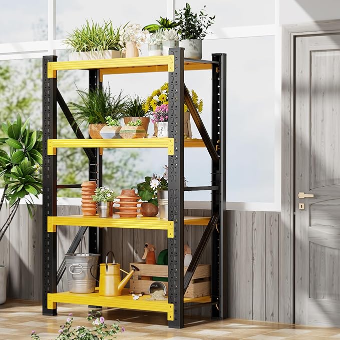 3000LBS Garage Shelving 32" W Garage Shelving Heavy Duty 4-Tier Metal Storage Shelves Adjustable Shelf Unit Storage Rack for Basement Supermarket Warehouse 32" W x 20" D x 78" H Yellow