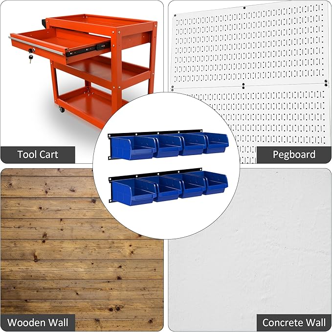 UNITEDPOWER wall mounted garage storage bin, Parts Rack, Plastic Hanging Stackable Storage Bin, Hardware Tool Organizer for workshop, Craft Room, school and Shop, 8 Bins&2 Rails (Blue), Large