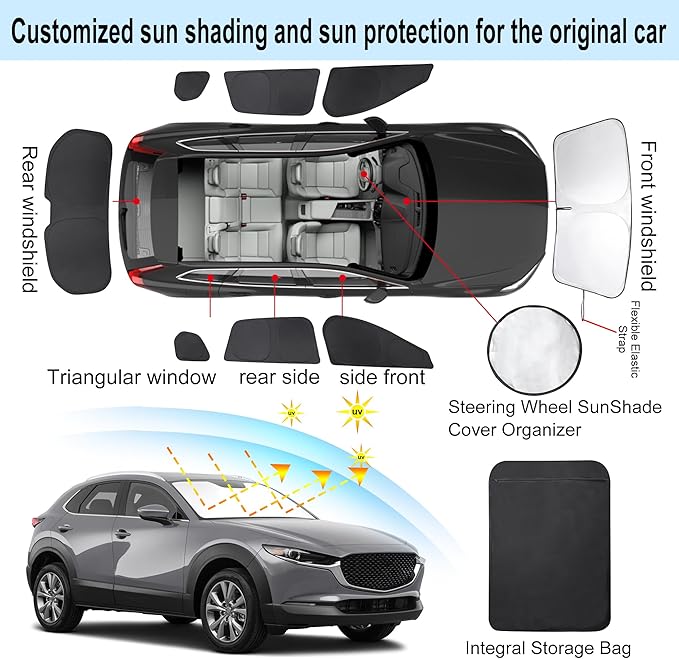 TINGLU Window Shades for Mazda CX-30 2019-2024 2025 Accessories Car Side Full Windows Rear Triangular Windshield Sun Shade Sun UV Rays & Privacy Protection for Camping,Napping,and Relaxing 8PCS