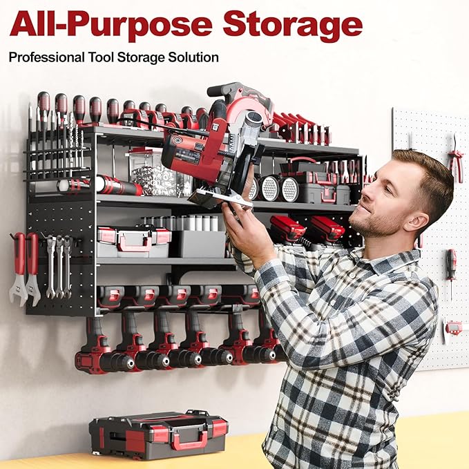 Power Tool Organizer Wall Mount, 4 Tier Tool Storage Rack with 8 Cordless Drill Holders, Heavy Duty Power Tool Shelf for Garage Organization Workshop