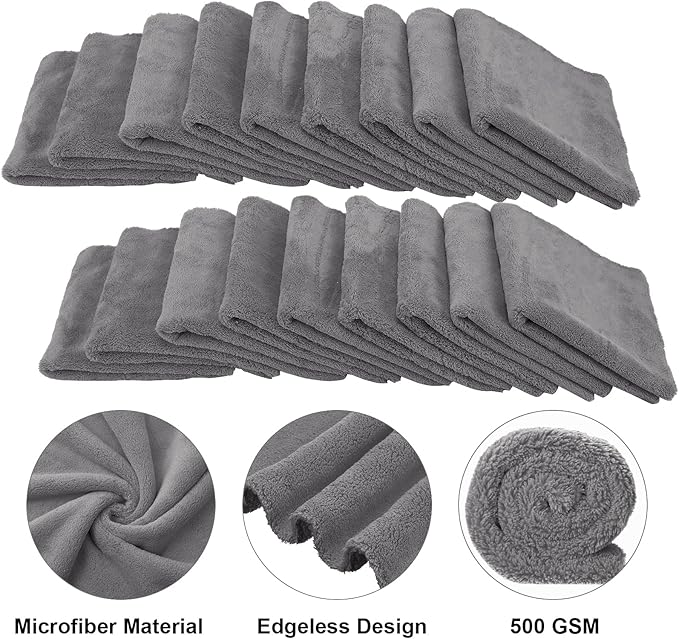 Shimeyao 30 Pcs Edgeless Microfiber Plush Towels for Cars Detailing Drying Wash Polishing Absorbent Cleaning Cloths, 500 GSM, 16 x 16 Inch(Gray)