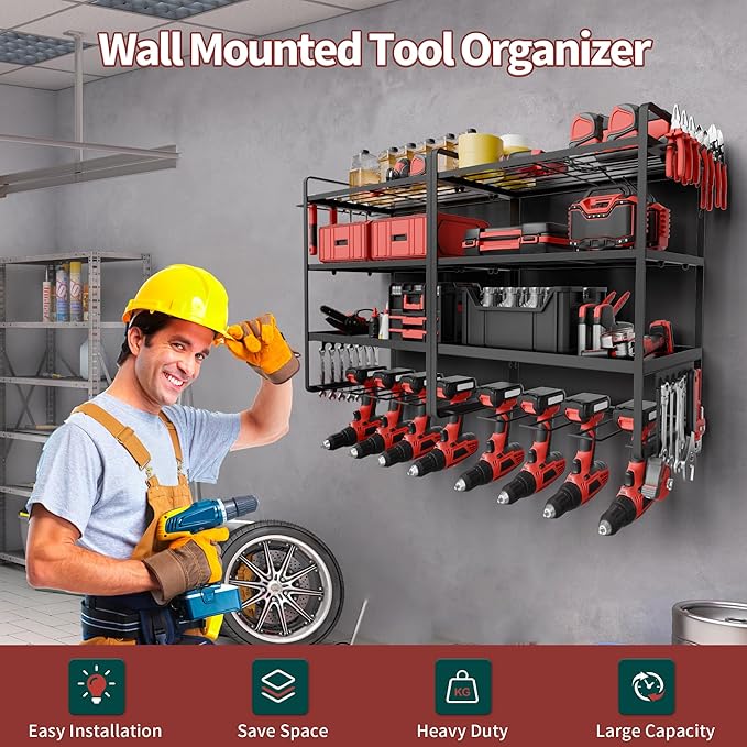 NINAT Heavy Duty 4-Tier Wall Mount Tool Organizer Rack - 8 Drill Holders, 150lb Capacity for Power Tools, Cordless Drills | Garage, Workshop, Shed & Basement Storage Solution