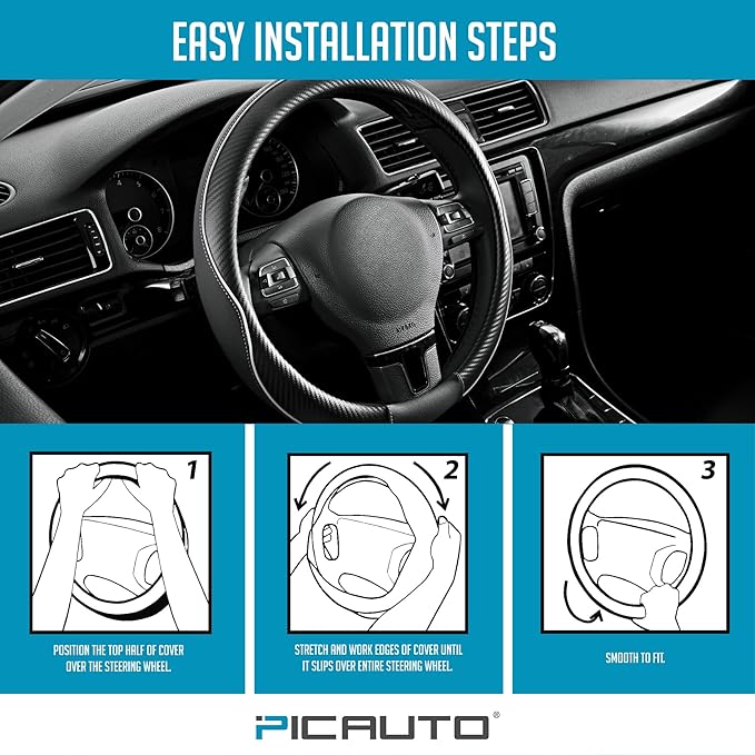 PIC AUTO Steering Wheel Cover, Gray Piping Leather, Sports Carbon Fiber and Super Breathable Leather, Universal 14.5-15.5 Inch Anti-Slip Steering Wheels Accessories for Men & Women