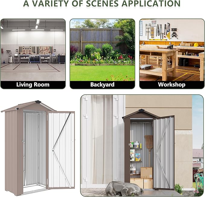 2.5x1.4 FT Outdoor Storage Shed, Small Metal Garden Shed with Adjustable Shelves, Mini Outside Tool Sheds with Lockable Hinged Door, Waterproof Outdoor Storage Cabinet for Backyard, Patio, Lawn, Brown