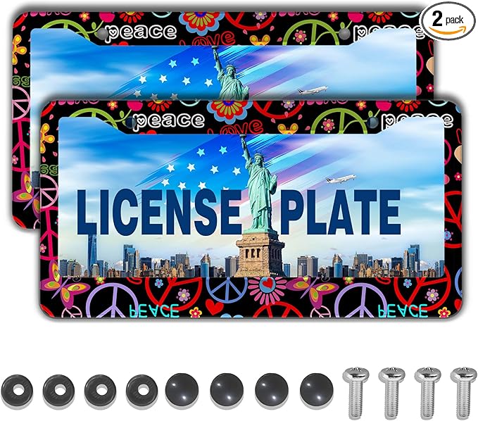 Car License Plate Frame Multicolor License Plate Frames Hippies Peace Flower Aluminum Metal Car Accessory 2 Pack with Screw Covers Set