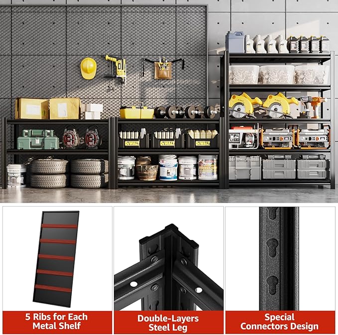 84" H x 47.24" W 5 Tier Metal Garage Shelves, 3000 LBS Adjustable Storage Shelving Unit for Warehouse, Basement, Kitchen, Store Display, Flower Stand, Office, Classroom, 24" D, Black