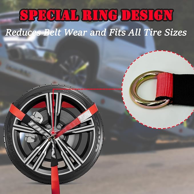 4 Pack Car Tie Down Straps for Trailers - 2" x 96" - 3,300 lbs Safe Working Load -Adjustable Wheel Straps for Hauling Cars.
