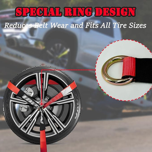 4 Pack Car Tie Down Straps for Trailers - 2" x 96" - 3,300 lbs Safe Working Load -Adjustable Wheel Straps for Hauling Cars.