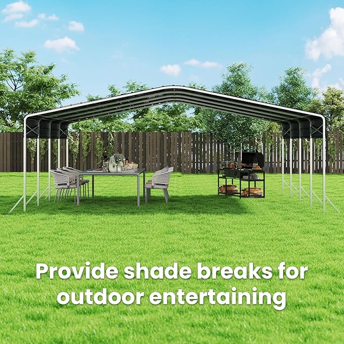 20x20ft Heavy Duty Metal Carport – Outdoor Galvanized Garage, Sturdy Structure, All-Weather Protection, Easy Assembly for Cars, Trucks, Boats, Tractors, and Outdoor Storage (Grey, 20x20FT)