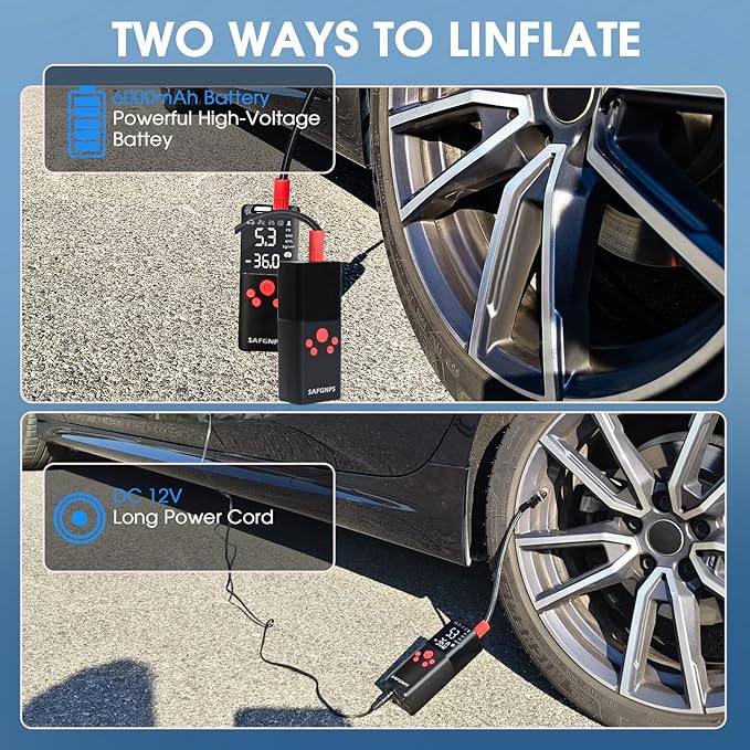Tire Inflator Portable Air Compressor, 150PSI Cordless Portable Tire Inflator for Car, 3X Fast Smart Air Pump for Car Tires, Bike Pump, Motorcycle, Ball - Digital Pressure Gauge/LED
