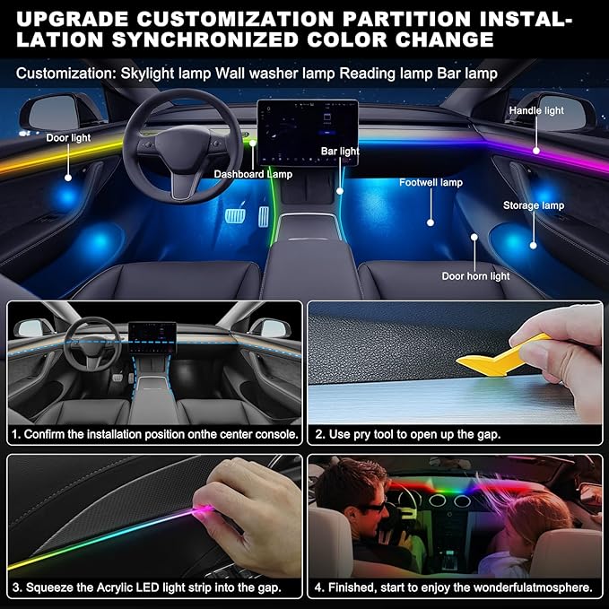 Dreamcolor Acrylic Interior Car LED Strip Light with USB/Type C, 43.3 inches Fiber Optic Ambient Lighting Kits, 16 Million Colors Sound Active Function Neon Accessories