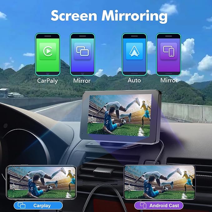 【Hieha】 2025 Wireless Portable Carplay and Android Auto, Carplay Screen for Car with Mirror Link/AUX/FM,7" Touchscreen Bluetooth 5.0, Marine Stereos for All Vehicles