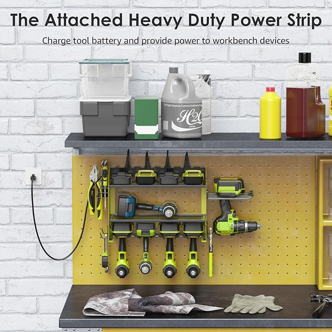 CCCEI Modular Power Tool Organizer Wall Mount Charging Station, Green 6 Drills Holder with 8 Plug Power Strip 10FT, Garage Drill Battery Heavy Duty Metal Shelf, Utility Rack with Hooks, Side Storage.