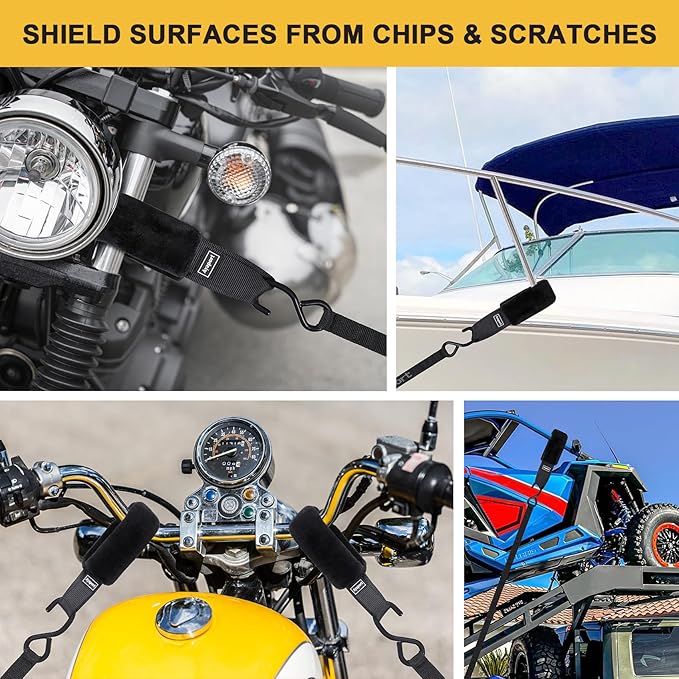 Ayaport Soft Tie Cover Set Include 4 pcs Synthetic Sheepskin Plush Covers and 4 pcs Soft Loop Tie Down Straps for Protecting Motorcycle, Dirt Bike, ATV, UTV etc. 1"x15"