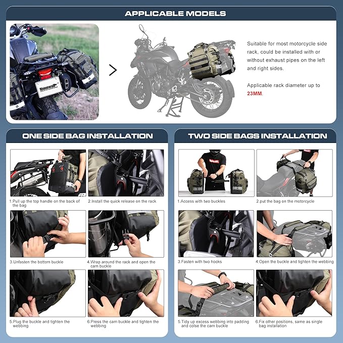 Rhinowalk Motorcycle Saddlebag Waterproof Motor Luggage Pack Quick Release Motorbike Side Bag 20L Fits Most Adventure and Sports Bike Motorcycle Racks(Green, 1 Pack)
