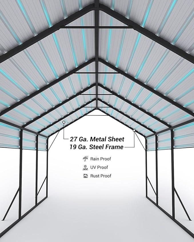 13'x26'x11' Oversized Metal Carport, Steel Heavy Duty Carport for All-Weather, Permanent Shelter for Boats, Pickup Trucks, and Tractors, N.W. 780 Lbs