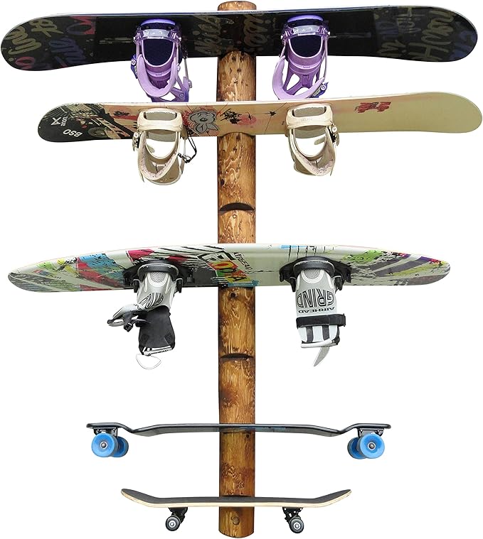 7-Place Wall-Mounted Snowboard Log Rack, Wakeboard Racks, Skateboard Holder Wall Mount, Vertical Snowboard Wall Mount Sport Storage for Garage, Skateboard Rack Walls, Wood Storage Racks - Canyon Brown