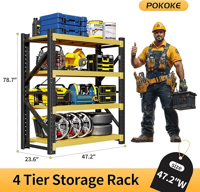Garage Shelving Unit, 4 Tier Heavy Duty Racks, Easy Assembly, Metal Racks with Adjustable Shelves, 3000 LBS Load Capacity,for Warehouse,Basement (Black&Yellow, 23.6" D x 47.2" W x 78.7" H)
