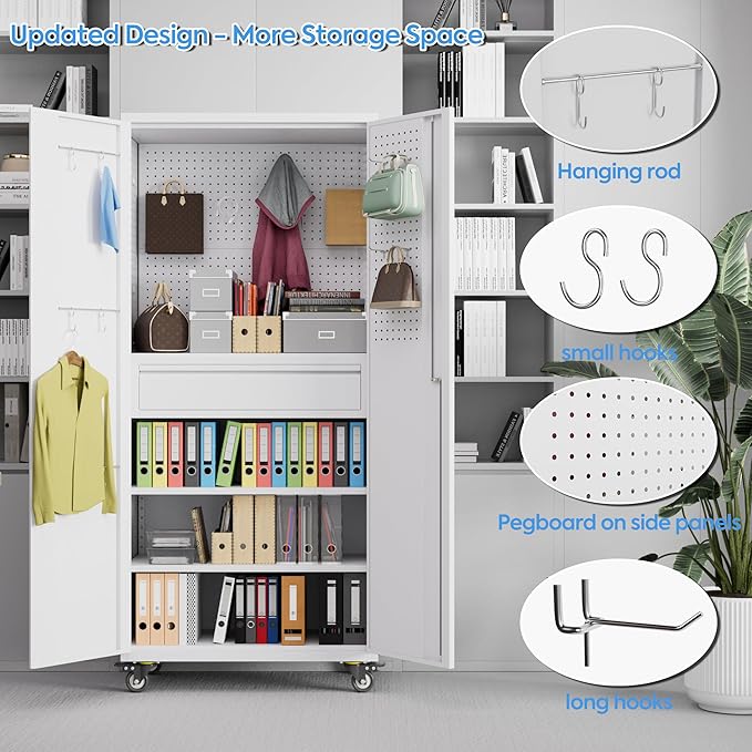 71" H Garage Storage Cabinet with Locking Doors and 2 Adjustable Shelves, Metal Tool Storage Cabinet with Wheels, Drawer, Pegboard and 16 Hooks for Garage, Warehouse, White