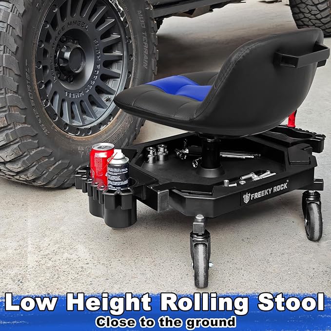 Rolling Stool with Wheels, Adjustable Height Pneumatic Garage Work Mechanic Stool Seat with Backrest, 400 LBS Capacity 360° Swivel Mechanic Crepper Chair with Tool Tray Storage, Blue