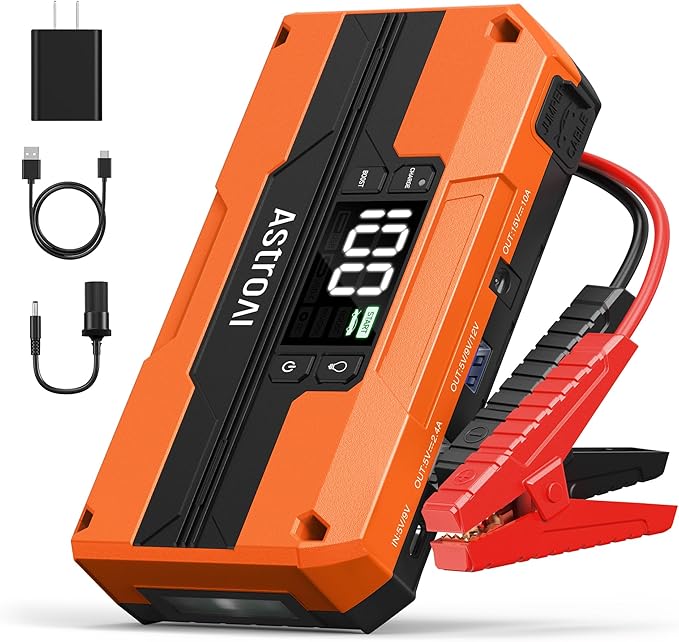 AstroAI T8 Car Jump Starter, 2500A 8-in-1 Jump Box for Car Battery, Up to 8.0L Gas & 5.0L Diesel Engine, 15200mAh QC 3.0 Power Bank, Informative LED Screen with Cigarette Adapter, Jumper Cable