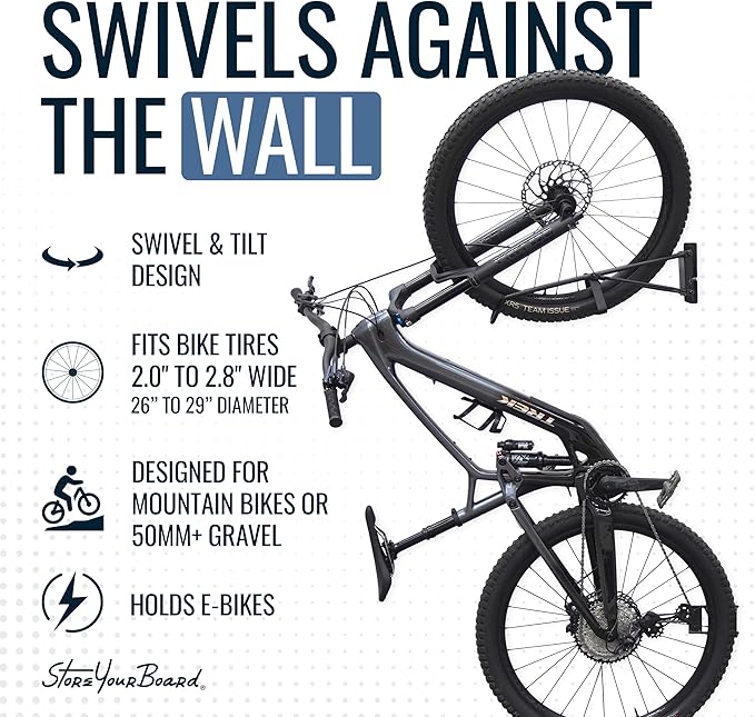 StoreYourBoard SwivelStow Bike Storage Rack 4 Pack, 2 MTB & 2 Road & Gravel Bike Wall Mounts, Heavy Duty Bike Hanger, No-Lift Bike Wall Mount for Garage Bike Storage, Holds 70 lbs, Patent-Pending