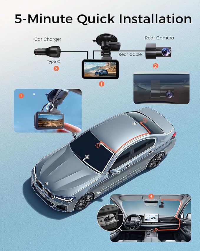 COOLCRAZY 4K Dash Cam Front and Rear with Touch Screen & STARVIS Sensor,5.8Ghz Wi-Fi,GPS,64GB Card,Night Vision Dashcam,G-Sensor,Loop Recording,App Control,24H Parking Monitor Car Camera