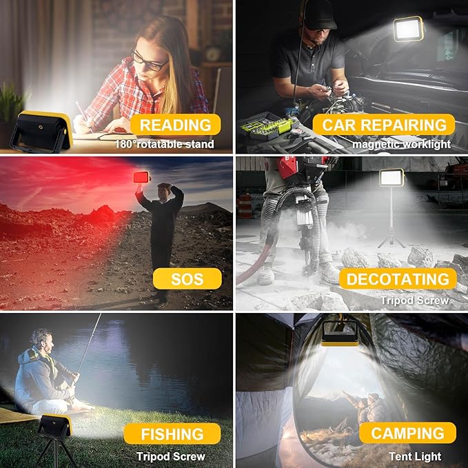 Rechargeable Work Light with Tripod Hole, 2-Pack LED Battery Work Lightings, 40W Waterproof Portable Flood Light Cordless Job Site Lighting 180° Rotate for Garage Camping Car Repairing