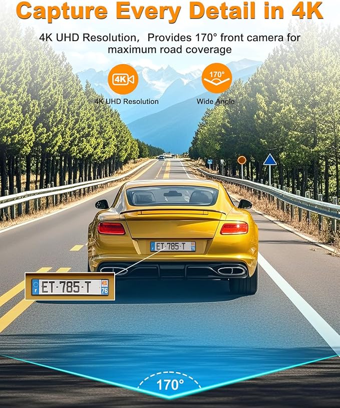 Dash Cam Front 4K, Built-in 5GHz WiFi with CPL, Car Camera Dashcam with UHD 2160P, 64GB Card, 24H Parking Monitor, Super Night Vision, WDR, G-Sensor, App Control, 170° Wide Angle, Support 256GB Max