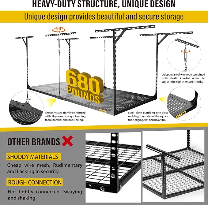 3x6ft Overhead Garage Storage, Adjustable Ceiling Mounted Storage Racks, 36" Length x72 Width x 35" Height, 20''-40" Ceiling Dropdown, 680LBS Weight Capacity (Black)