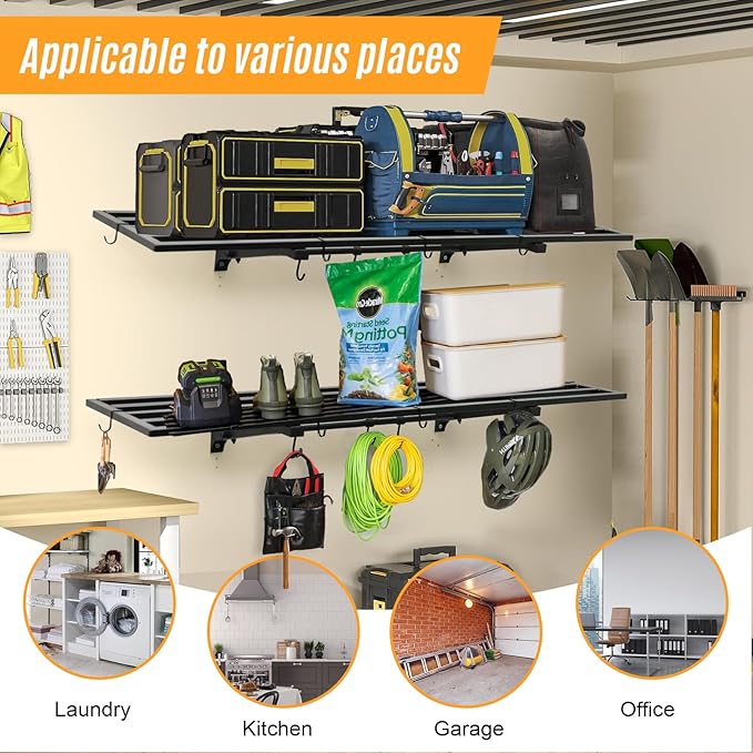 2-Pack 1X4 FT Garage Shelving Wall Mounted Holds Up to 800 Lbs Heavy Duty Wall Shelf, Black Metal Floating Adjustable Wall System Shelves for Garage Storage, Shed