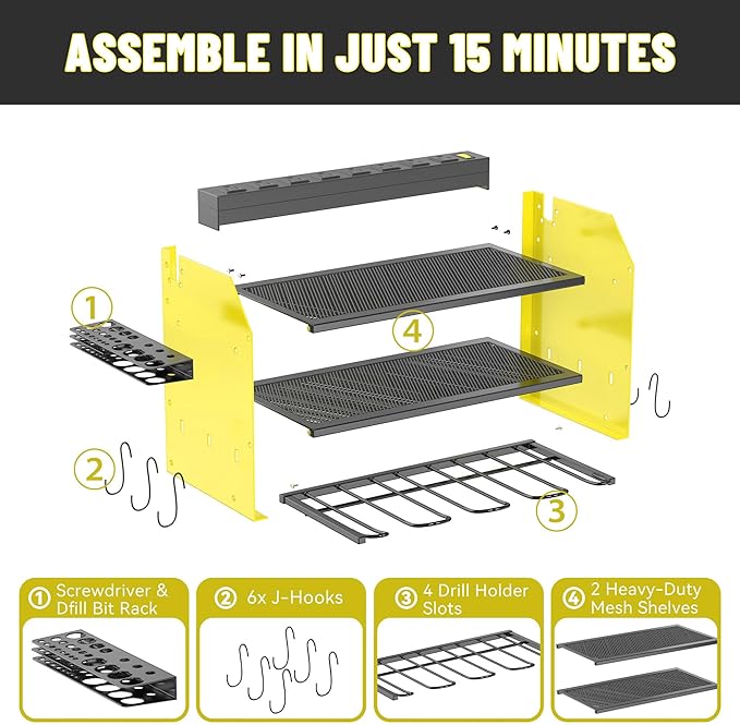 3-Tier Modular Drill Holder & Power Tool Organizer Wall Mount with Charging Station, Tool Storage Rack with Hooks, 8-Outlet Power Strip, Bit Rack & Cordless Garage Tool Organization (Yellow)