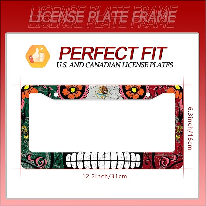 Personalized License Plate Frame Stainless Steel Mexico Flag Skull Funny Car License Plate Accessory Decorative 2 Holes and Screws Fits Us Standard License Plates Size: 12.2 X 6.3 Inch for Men Women
