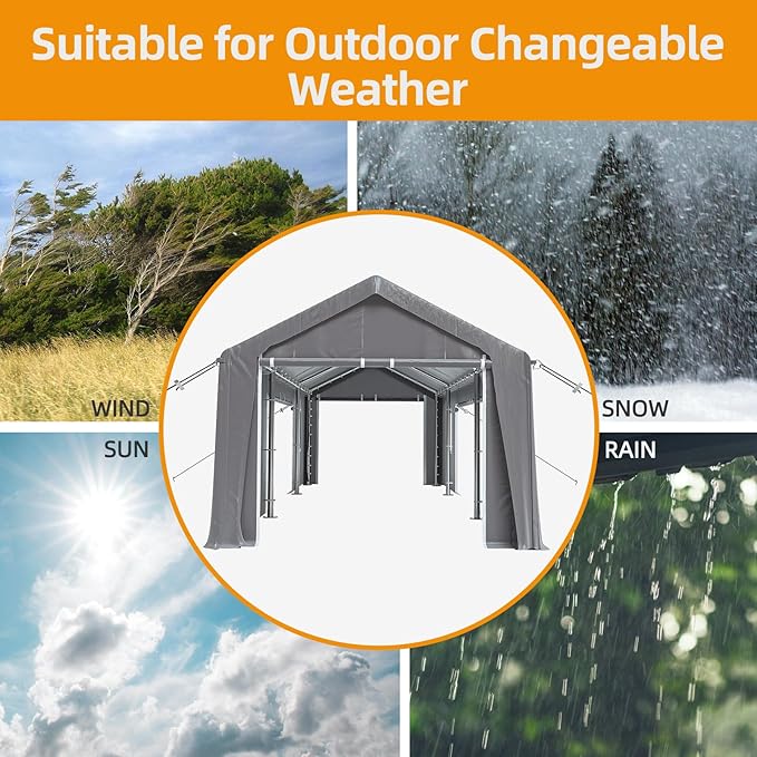 10x20ft Heavy Duty Carport Outdoor Canopy Portable Garage with 4 Doors & 4 Windows Waterproof UV Resistant Storage Shelter with Removable Sidewalls for Car Truck Boat, Gray
