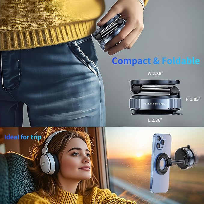 Vacuum Magnetic Car Phone Holder,360°Adjustable Magnetic Phone Holder,Hands-Free Suction Cup Phone Mount for MagSafe,Cell Phone Holders for Your Car for All Smartphones & All Car Models