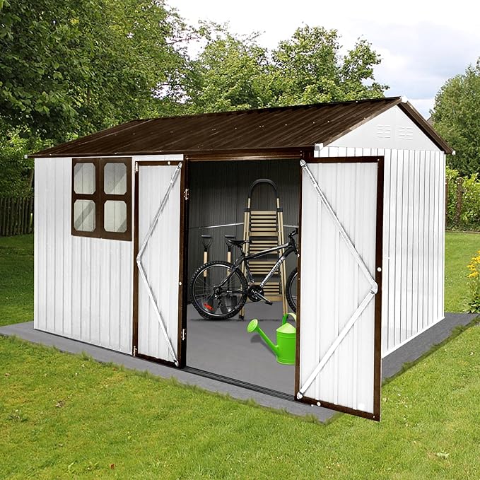 8x10 FT Outdoor Storage Shed, Metal Garden Shed with 4-pane Window, Outside Tool Shed with Lockable Hinged Doors & 4 Air Vents, Waterproof Storage Building for Backyard, Patio, Lawn, White+Coffee