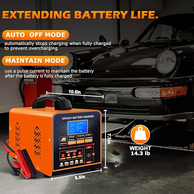 SolaMr 12V 24V Heavy Duty Car Battery Charger, 0-20A Trickle Charger for Car Truck Motorcycle Lawn Mower Battery AGM, Metal Case Smart Battery Maintainer with Automatic Shutoffs, Repair, Winter Mode