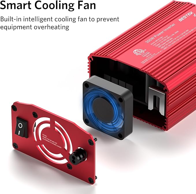 BESTEK 300W Car Power Inverter with 65W USB-C and QC3.0 Ports - 12V DC to 110V AC Converter for Vehicles with Multi-Protection - Red
