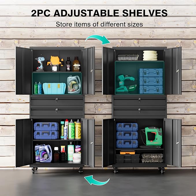 Metal Storage Cabinet with Wheels and Drawers,Rolling Garage Storage Cabinet with Locking Doors and Adjustable Shelves,73" Mobile Tall Large Metal Tool Cabinets with Locks for Home,Office,Garage
