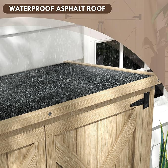 Wooden Garden Shed, Outdoor Storage Cabinet with Waterproof Asphalt Roof, Narrow Tool Shed with Shelves and Lockable Doors, Natural