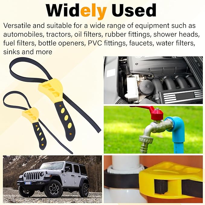 2 PCS Strap Wrench Plumbing, Rubber Strap Wrench, 24 Inch & 19.7 Inch Oil Filters Strap Wrenches, Water Filter Wrenches, Adjustable Rubber Jar Opener for Water Filters, Plumbing,Sink, Faucet (Yellow)
