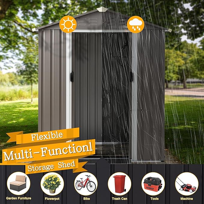 Shintenchi 5x3 FT Outdoor Storage Shed with Window, Lockable Outdoor Waterproof Tool Storage Sheds, Weather Resistant Tool Storage House Shed for Garden, Backyard, Patio Utility and Tool Storage, Gray