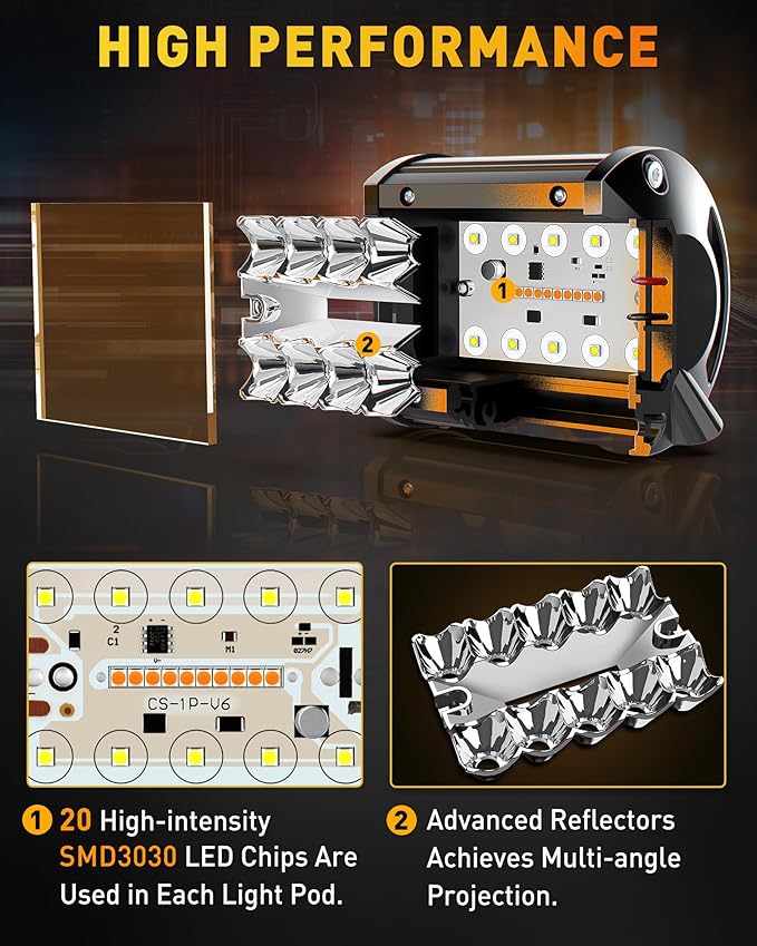 NAOEVO 4 Inch LED Pod Lights, Spot Flood LED Fog/Driving/Off Road Lights with 2 Leads Wiring Harness, Cube Pods for Truck Boat ATV UTV, 2 Pcs (White/Amber/White&Amber)