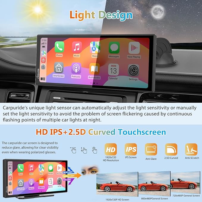 CARPURIDE W125S 11.26 Inch HD Wireless Carplay & Android Auto Screen, 4K +1080P+1080P Dash Camera for Cars with 64GB Card, with Loop Recording, Bluetooth, Voice Control, GPS, FM, Super Link
