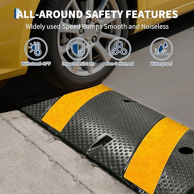 6FT Speed Bumps Wite End for Road, Heavy-Duty 25,000 Lbs Capacity Traffic Rubber Speed Humps with 2 Channel Floor Cord Cover for Asphalt Concrete Gravel Driveway Road